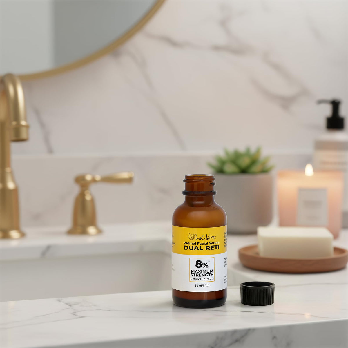 LaClaire bottle on bathroom vanity with towel, daily routine and skincare ritual