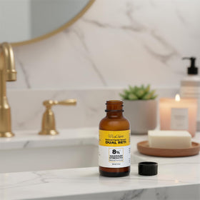 LaClaire bottle on bathroom vanity with towel, daily routine and skincare ritual