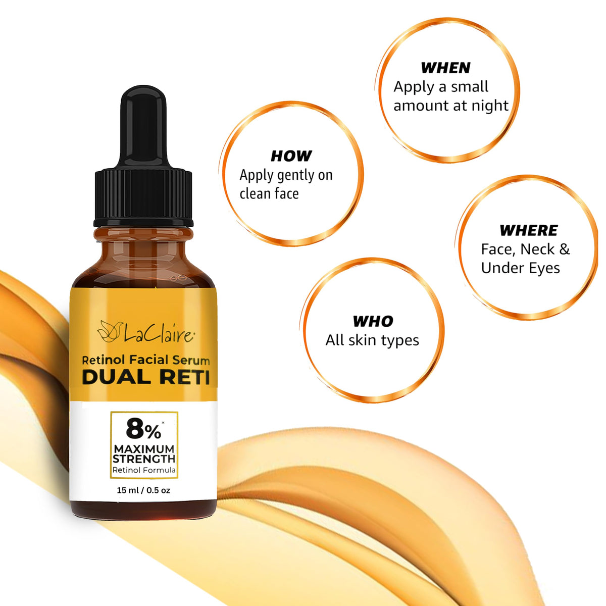 LaClaire serum dropper releasing clear texture highlighting smooth absorption benefits