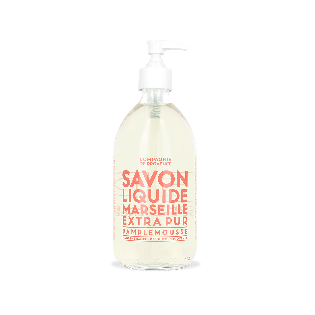 La Compagnie de Provence glass pump bottle front view showing premium design and clarity