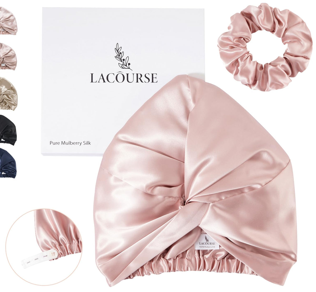 LaCourse pink bonnet front view showing neat finish and secure fit benefit: comfortable protection