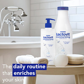 Lactovit bottle label detail showing ProLactiC10, collagen and elastin boosters