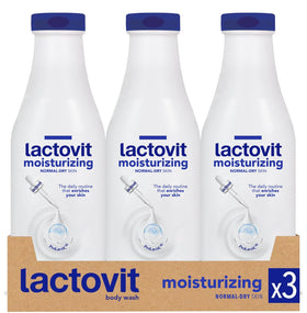 Lactovit front packaging showing three 600 ml bottles and product benefits