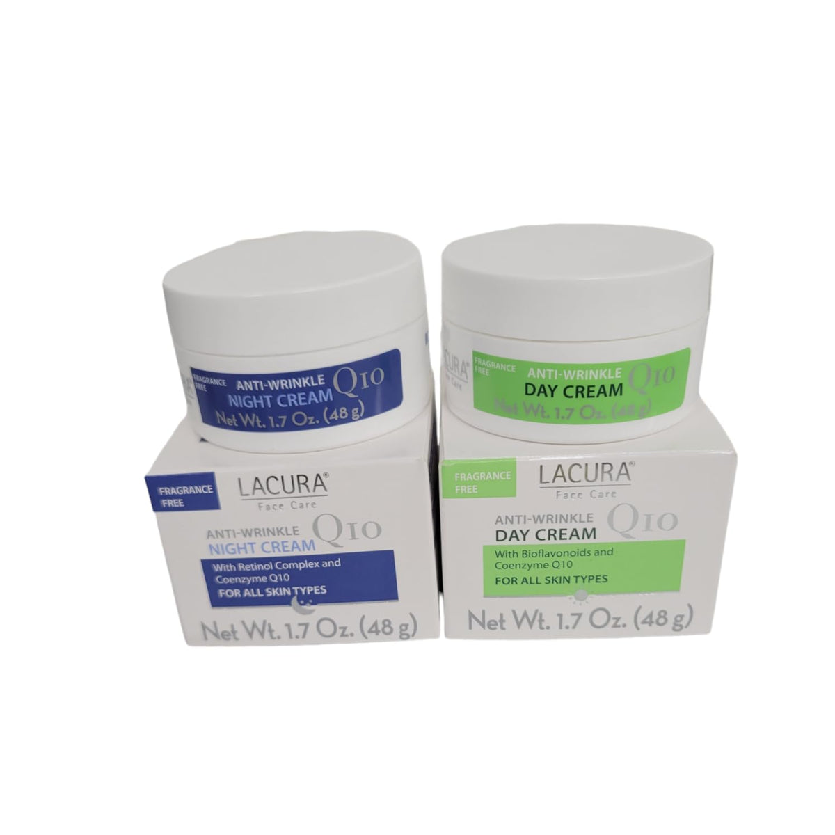 Lacura day and night cream front packaging showing both 1.7oz jars and labeling, clear product set benefit