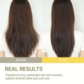 LA'DOR before and after hair image showing reduced frizz and shine benefit