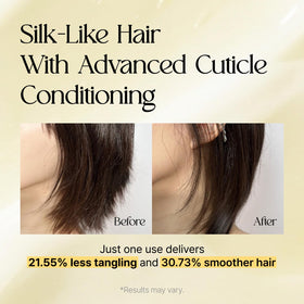 LA'DOR before and after split hair showing reduced frizz and smoother shine