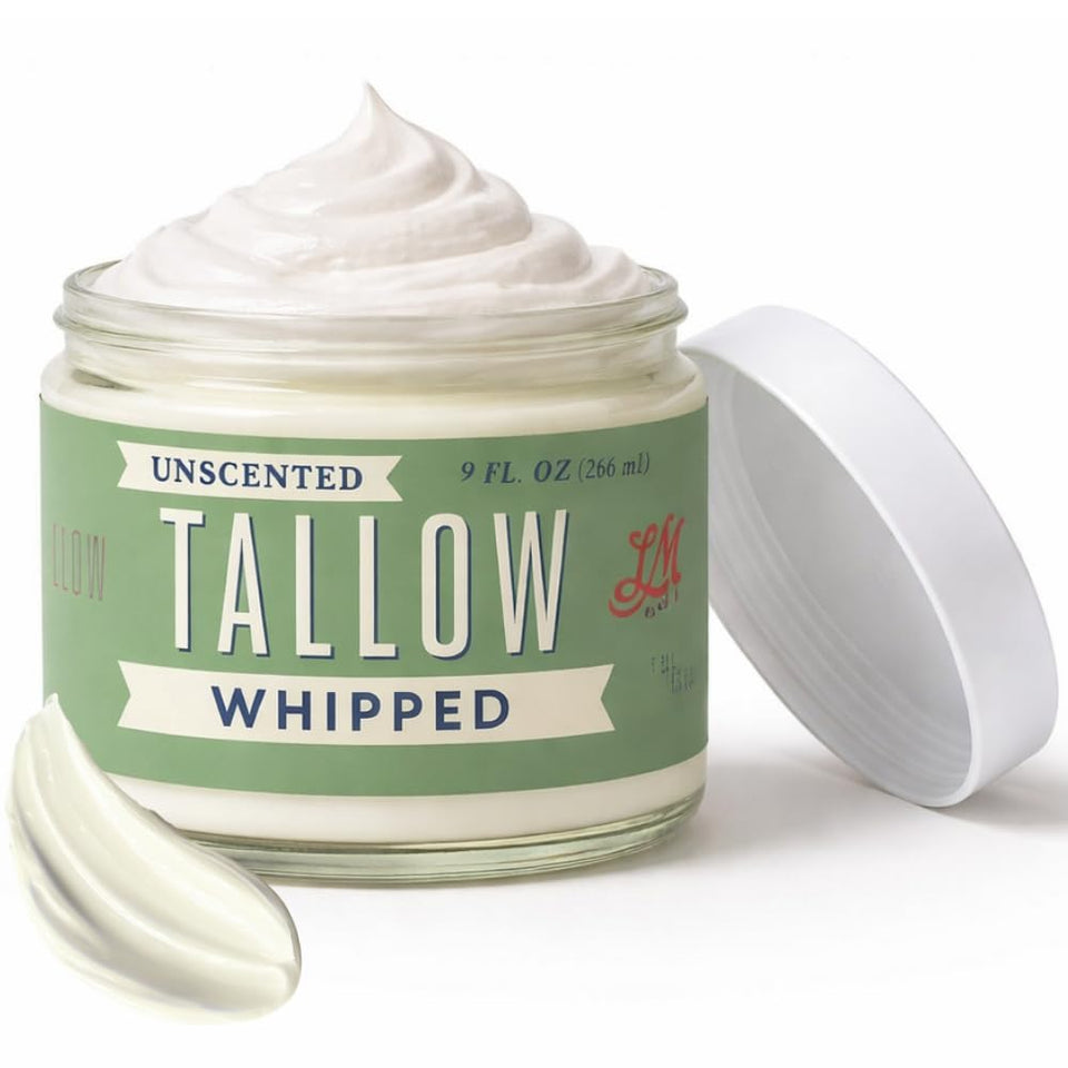 Lady May Tallow jar front view showing clean unscented packaging and natural benefit