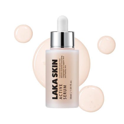 Laka front bottle showing active serum and sleek packaging, enhances shelf appeal