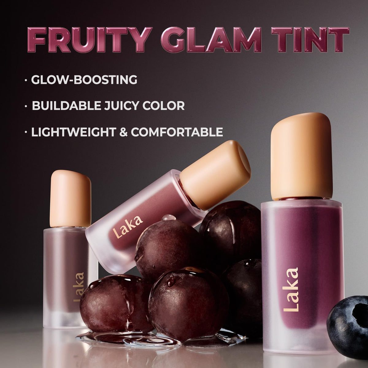 Laka shade on lips closeup highlighting dewy, glassy shine benefit