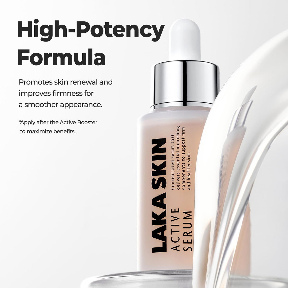 Laka ingredients display highlighting glutathione and dual PDRN, supports radiance