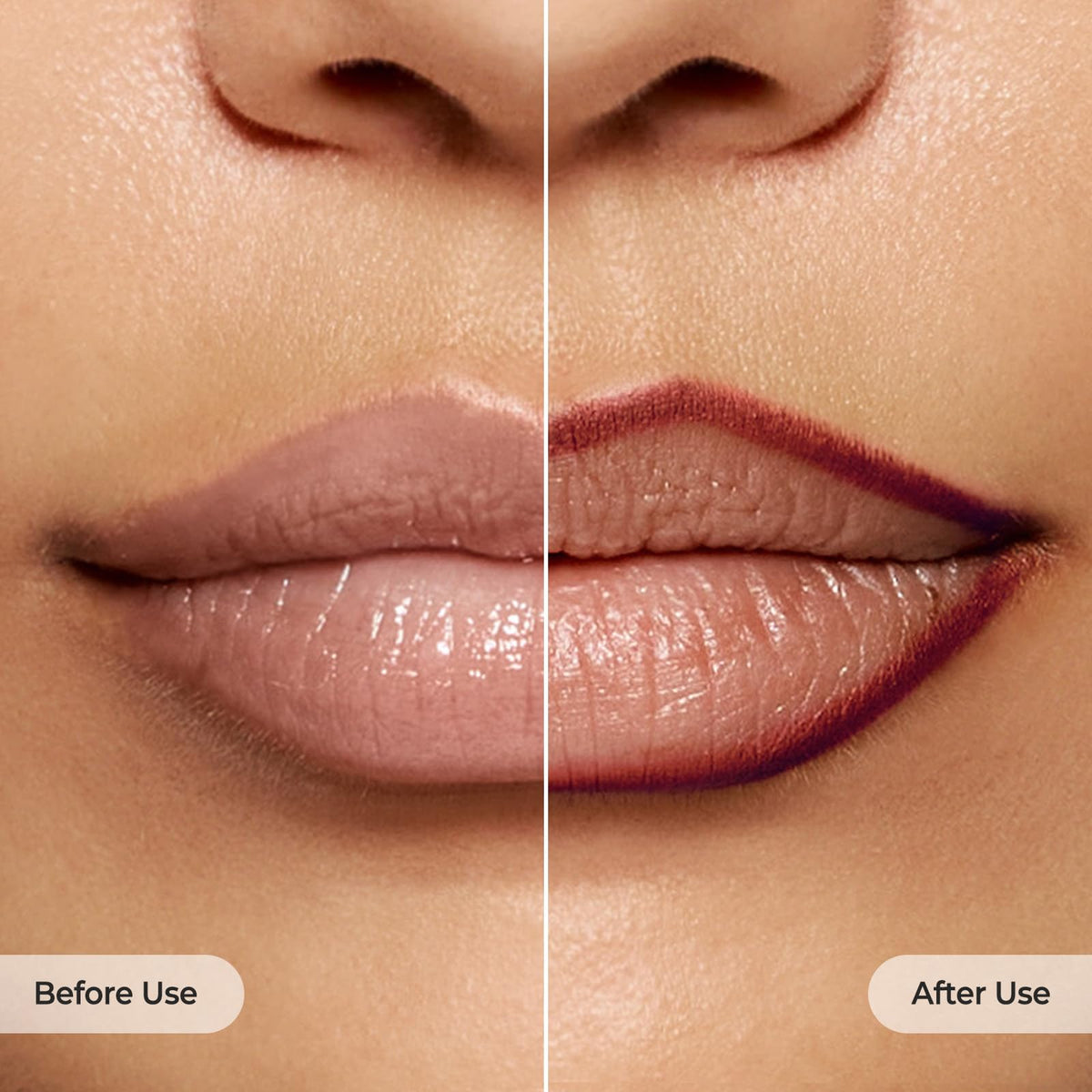 Close-up of model lips wearing Laka lip liner Velvet Hour enhancing lip shape