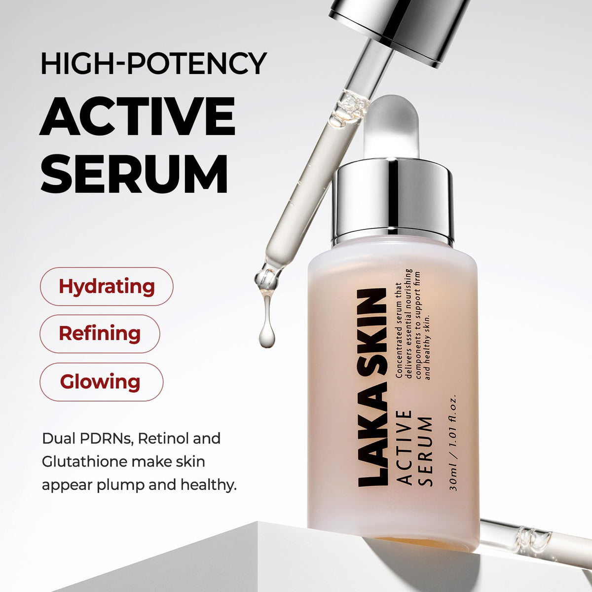 Laka serum texture closeup on fingertip, illustrates lightweight hydrating feel