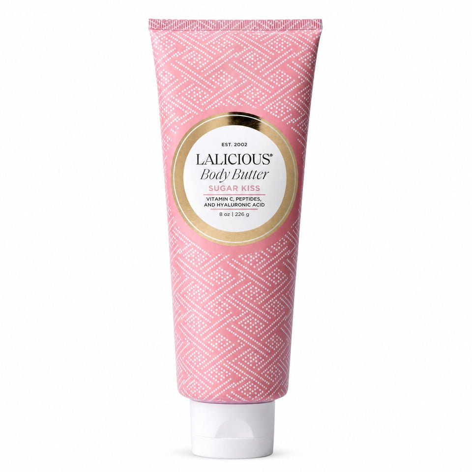 LALICIOUS front jar showing Sugar Kiss label and inviting packaging benefit: elegant presentation
