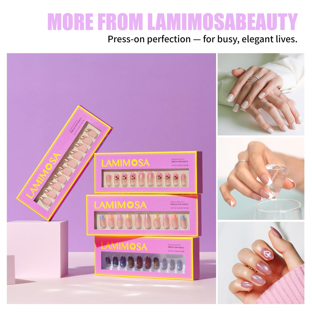 LAMIMOSA nails on fingers for scale comparison, shows real-world length and proportion
