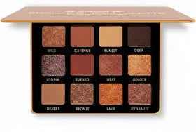 Lamora palette front open showing 12 warm bronze shades and mirror for easy travel