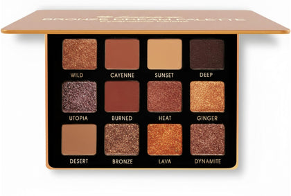 Lamora palette front open showing 12 warm bronze shades and mirror for easy travel