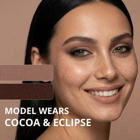 Lamora on-model soft rose eye look demonstrating wearable everyday to evening finish