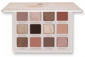 Lamora palette front open showing 12 rose-neutral shades and mirror for versatile application