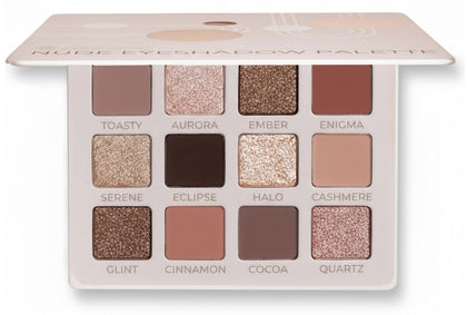 Lamora palette front open showing 12 rose-neutral shades and mirror for versatile application