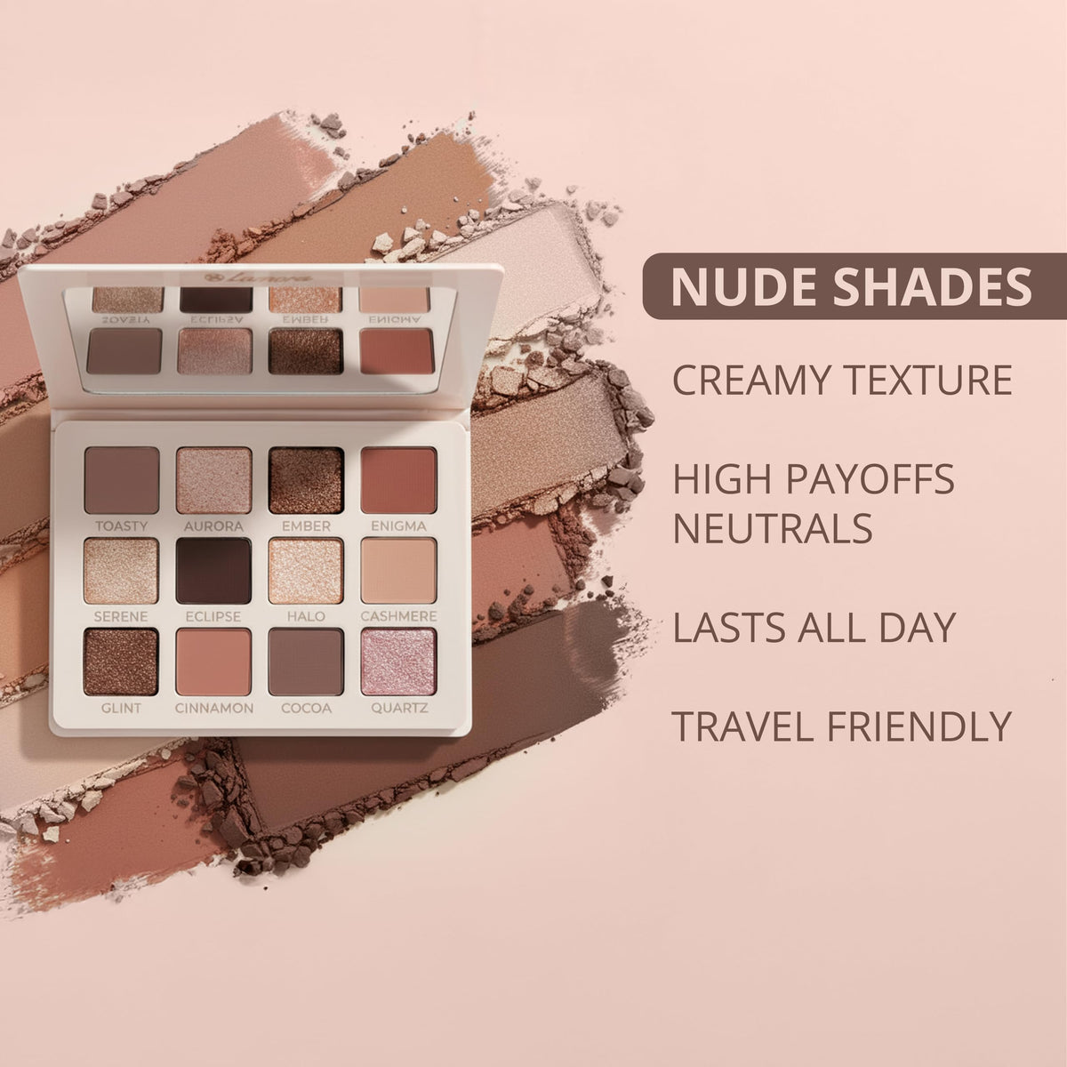 Lamora palette held in hand beside common items demonstrating travel-friendly compact size