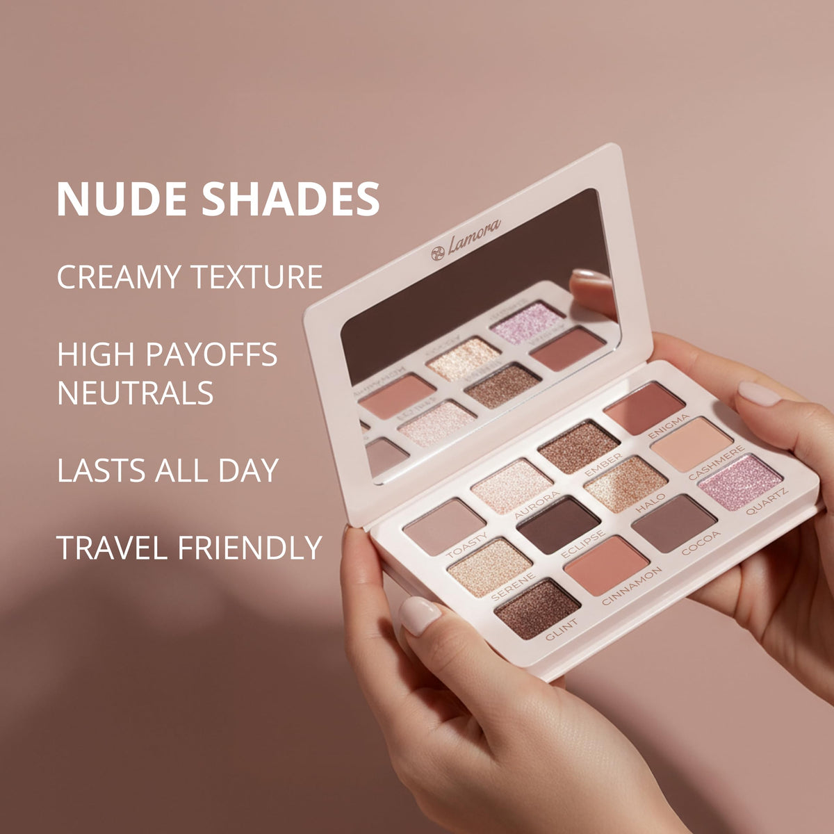 Lamora palette styled in a travel makeup bag showing portable organization and quick fixes