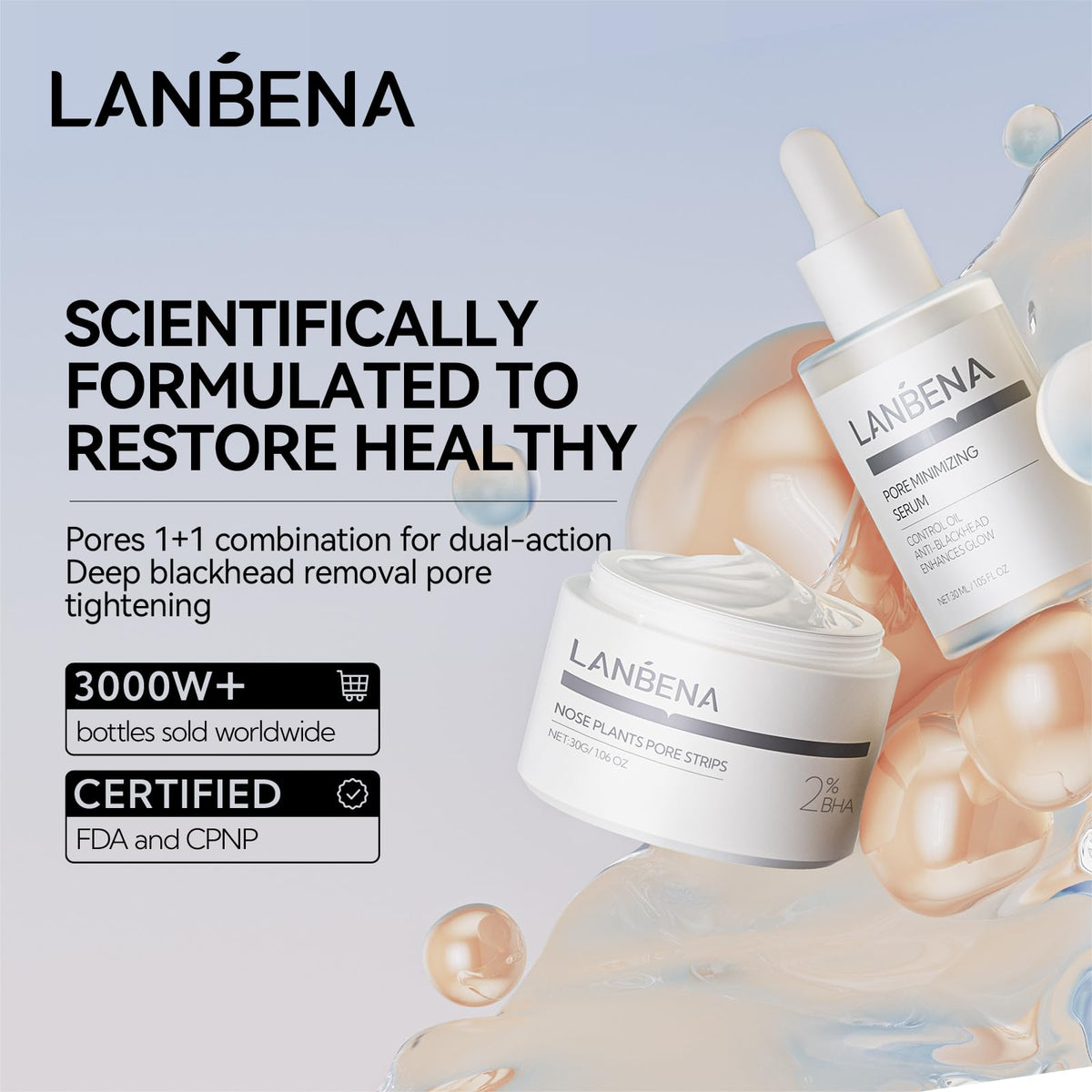 LANBENA pore-minimizing serum bottle closeup showing applicator