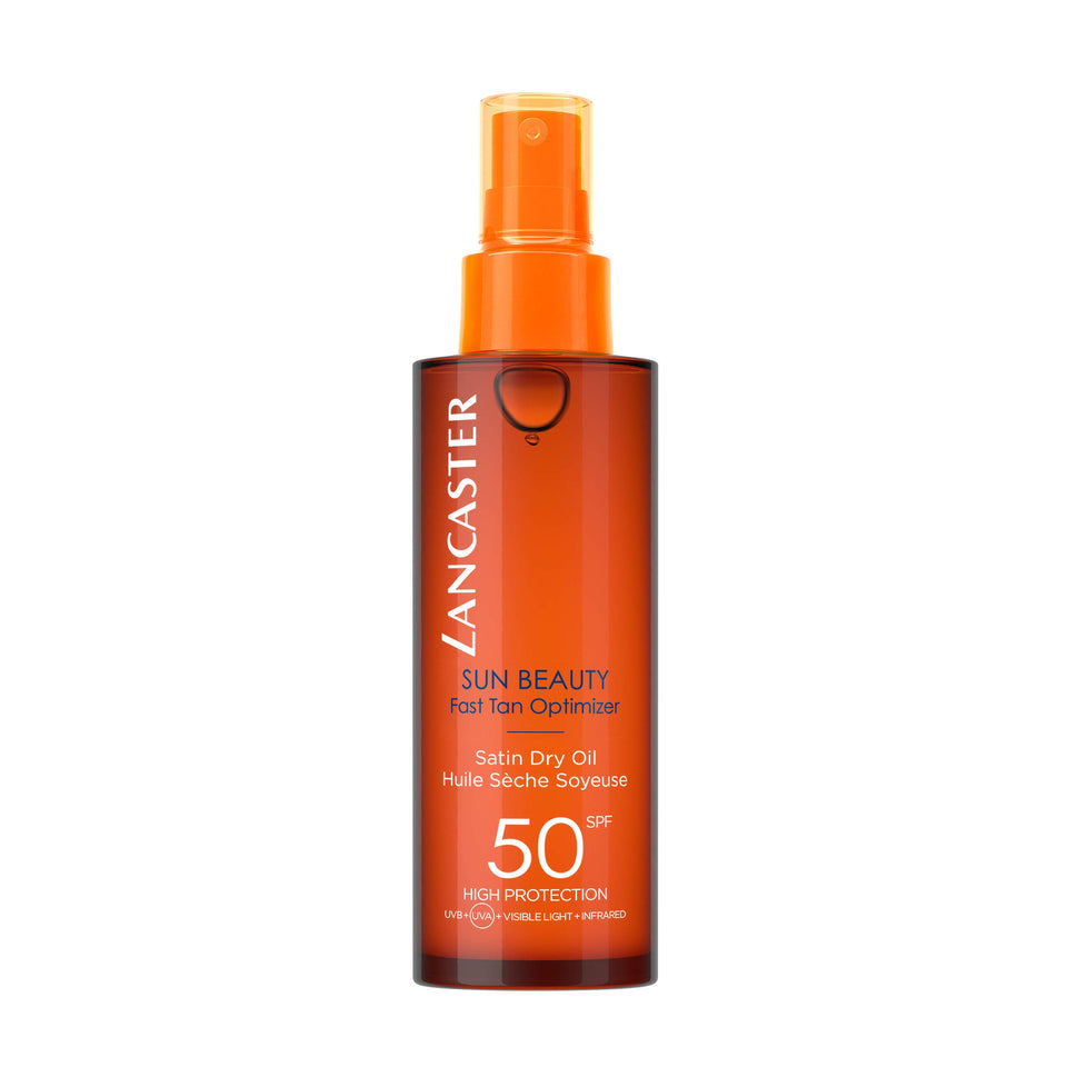 Lancaster Sun Beauty front packaging showing bottle and SPF badge for confident protection