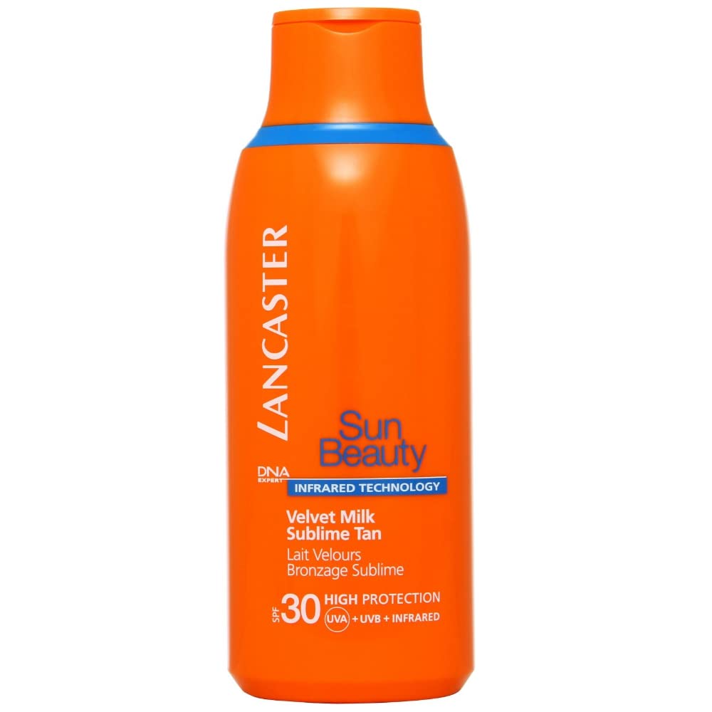 Lancaster velvet milk front packaging showing SPF 30 and 175 ml for easy selection