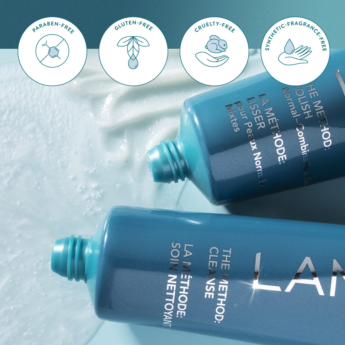 Lancer bottle staged in bathroom lifestyle suggesting daily routine and refreshed skin