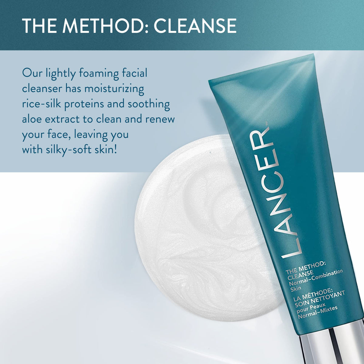 Lancer cleanser foam texture on palm highlighting gentle exfoliation and comfortable feel