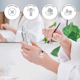 Lancer on bathroom vanity beside skincare for dermatologist-developed routine benefit