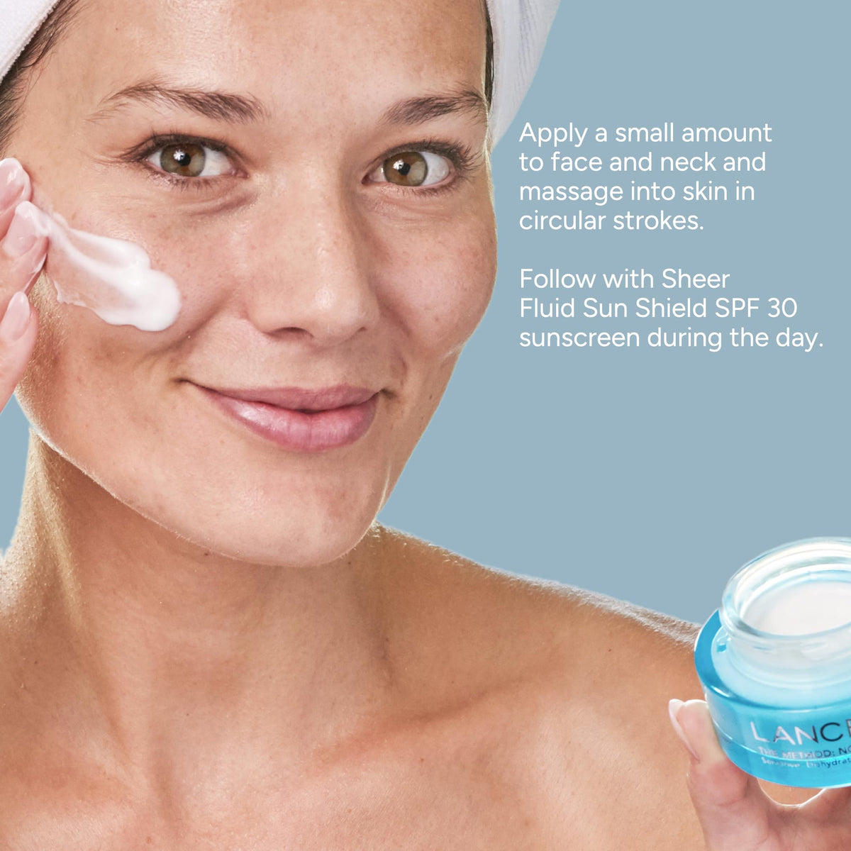 Lancer label close-up highlighting peptides and hyaluronic acid for visible texture improvement