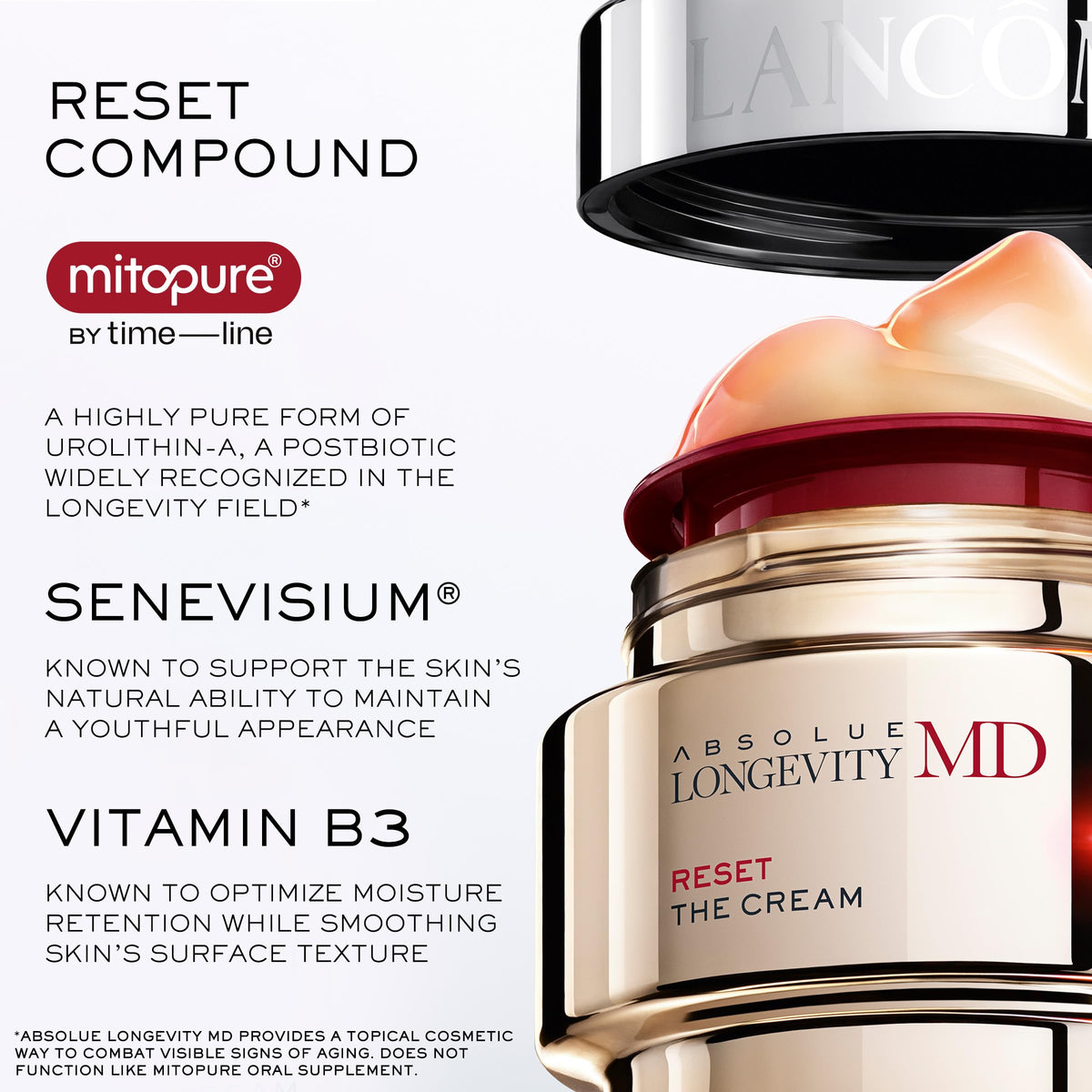 Lancôme Absolue Longevity MD being applied to cheek showing immediate skin-plumping effect