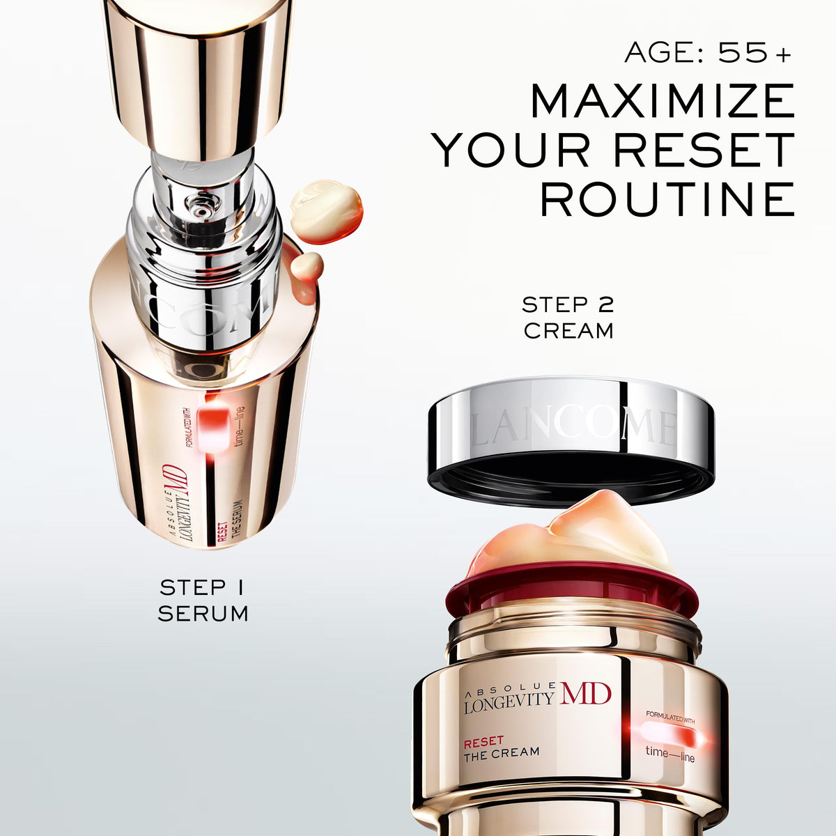 Lancôme Absolue Longevity MD on bathroom counter in lifestyle setting for daily routine benefit