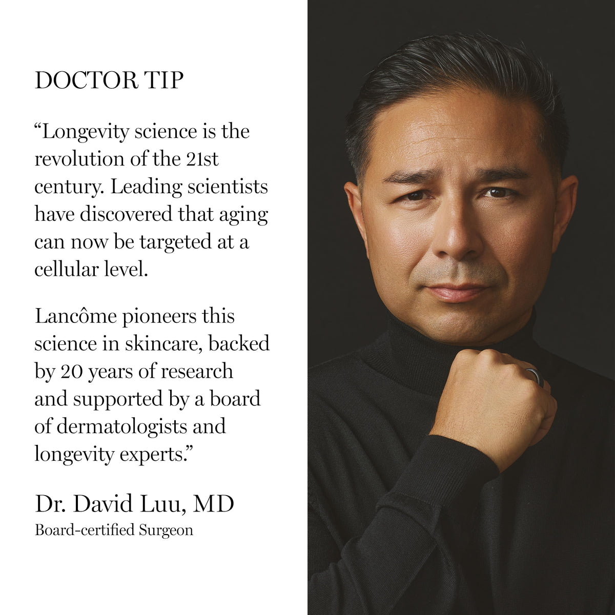 Lancôme Absolue Longevity MD label detail emphasizing scientific backing and ingredient clarity