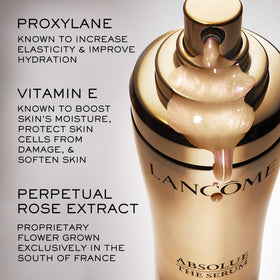 Lancôme dropper applying serum to hand for targeted renewal and precise dosing