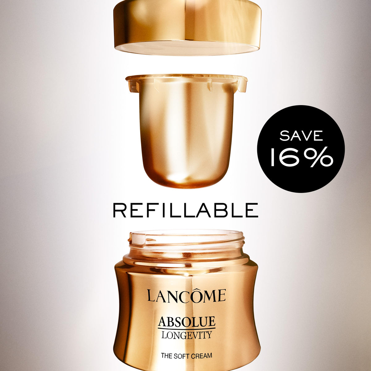 Lancôme jar held in hand for size scale, shows 2.0 oz travel-friendly volume
