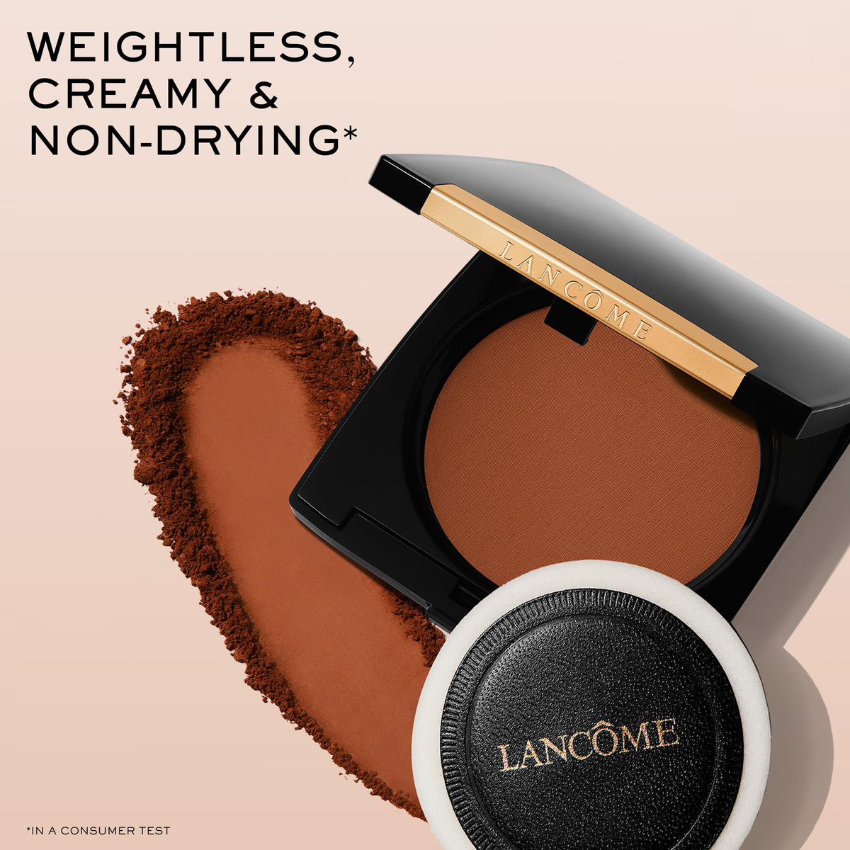 Lancôme sweeping powder across cheek with brush to create natural matte, shine-controlled skin
