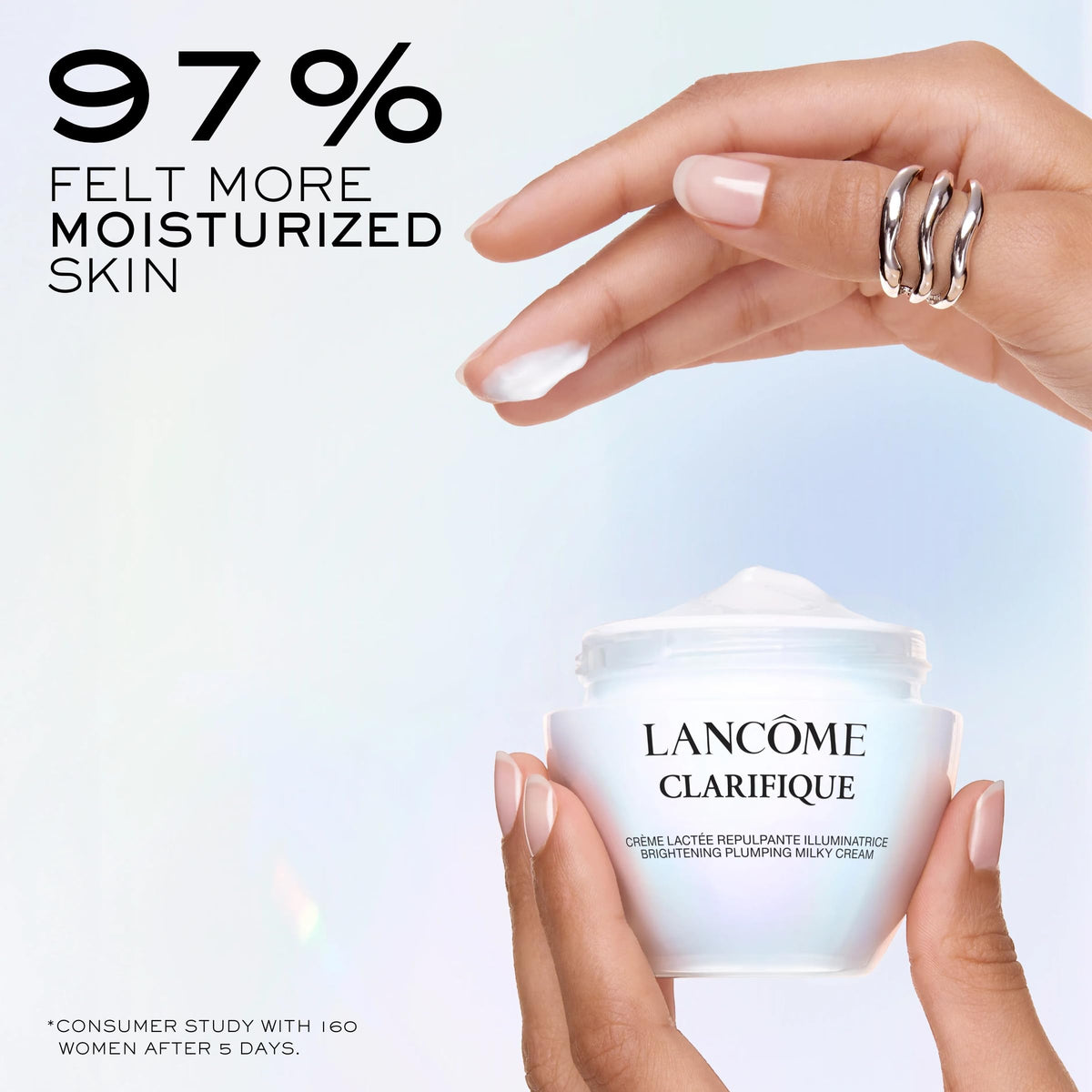 Lancôme Clarifique cream spread on skin demonstrating quick absorption and hydration benefit