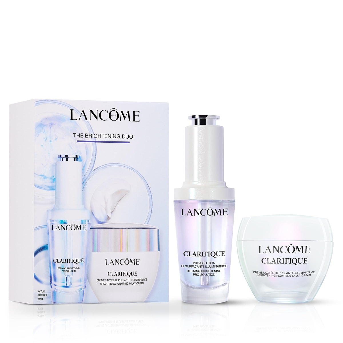 Lancôme front packaging of Clarifique duo showing both products and gift box benefit ready-to-gift