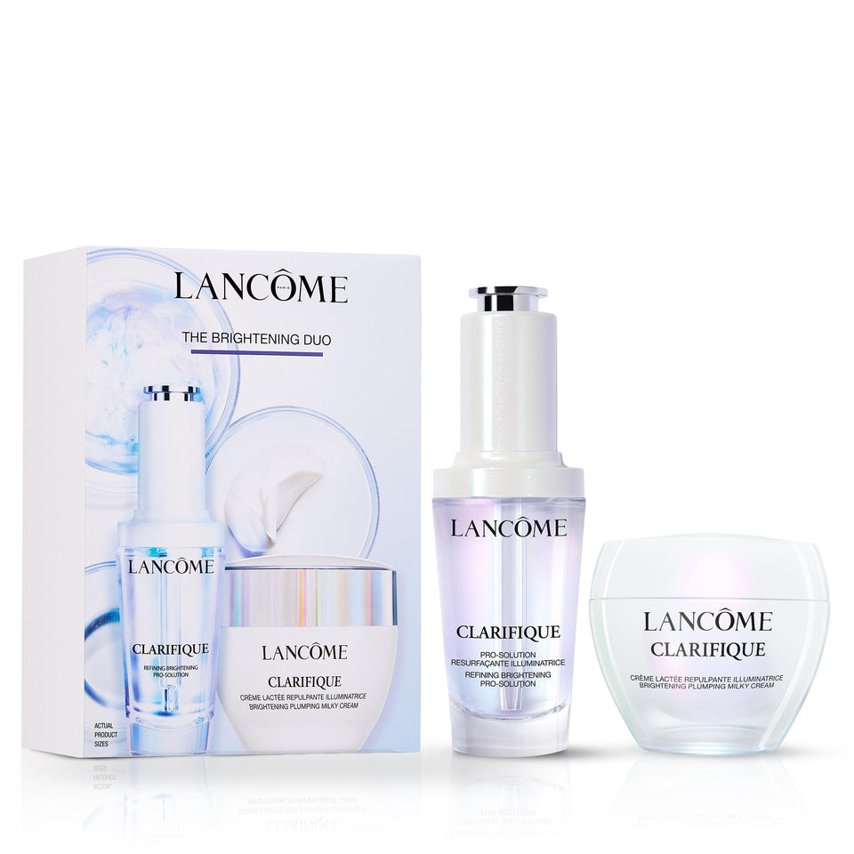 Lancôme front packaging of Clarifique duo showing both products and gift box benefit ready-to-gift