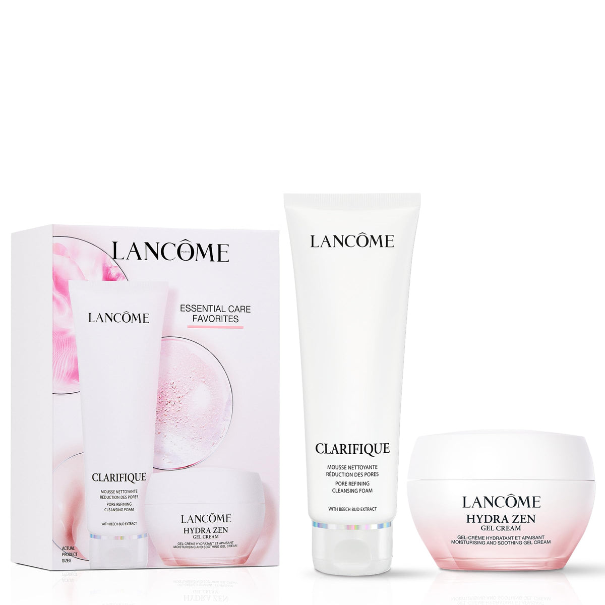 Lancôme front view of limited-edition Clarifique and Hydra Zen set showcasing complete packaging and sizes