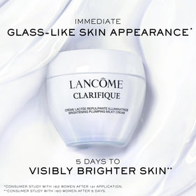 Lancôme Clarifique set styled on a bathroom vanity showing routine use and aesthetic benefit