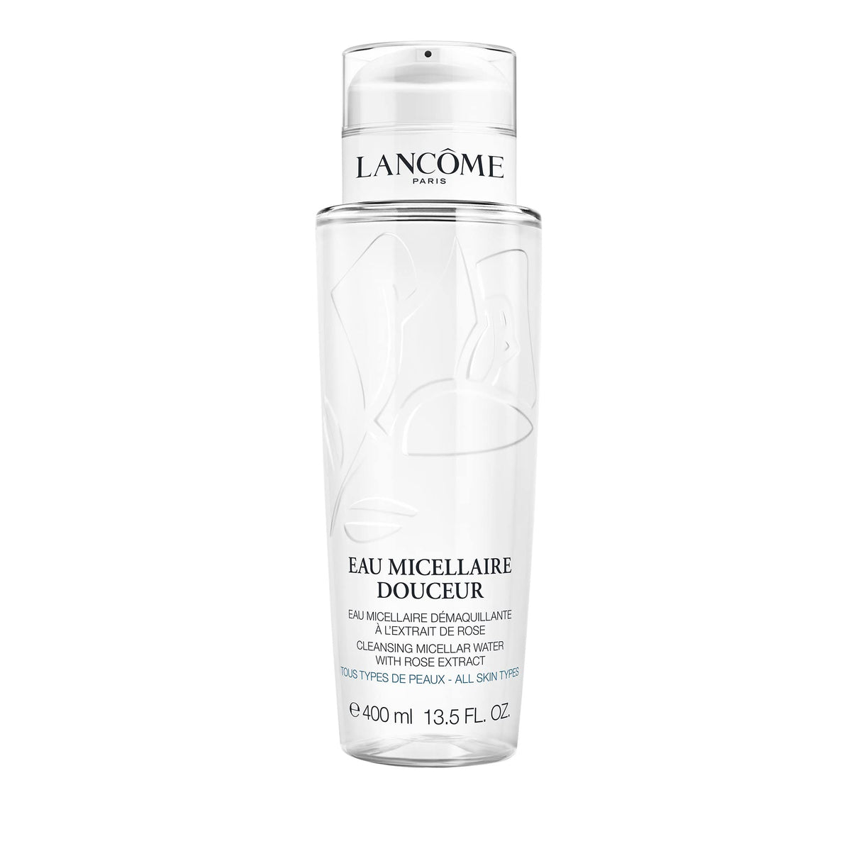Lancôme bottle front view showing label and 13.5 fl oz size, clear and convenient