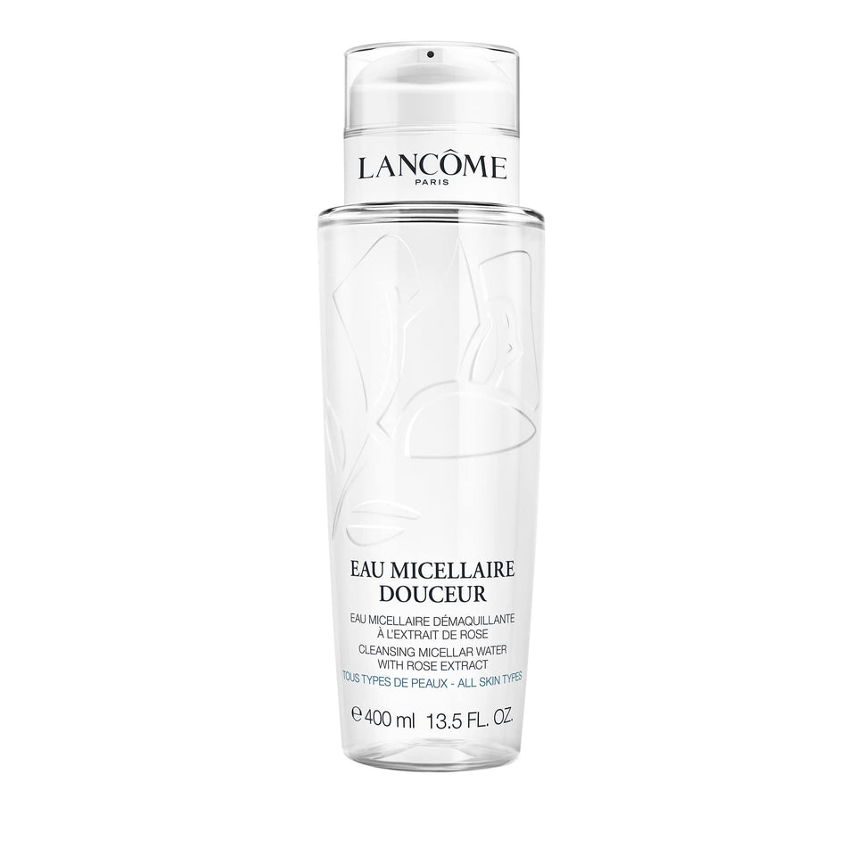Lancôme bottle front view showing label and 13.5 fl oz size, clear and convenient