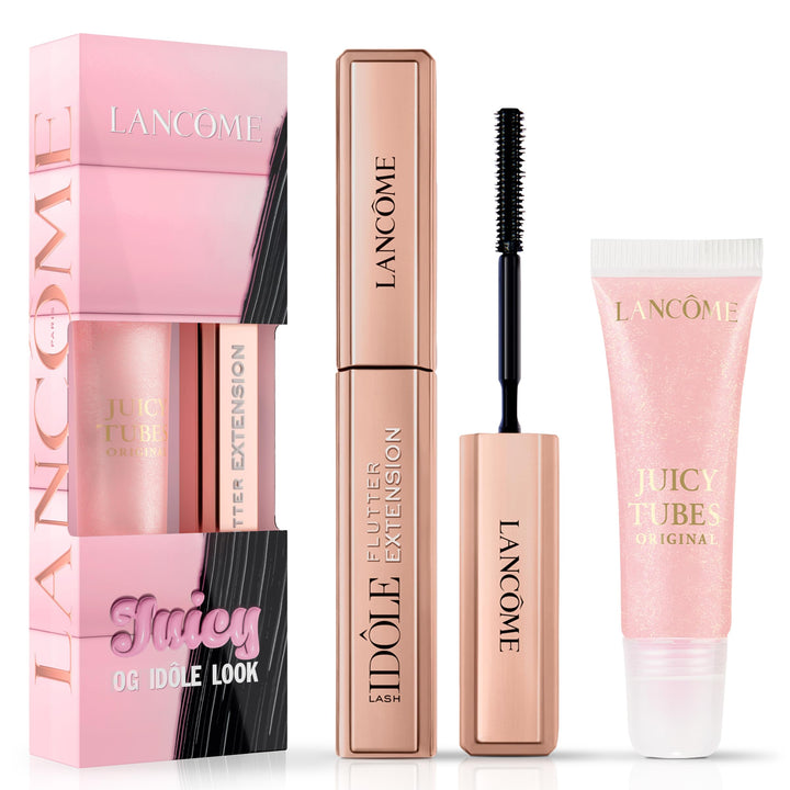 Lancôme product duo front packaging showing compact travel sizes and benefits