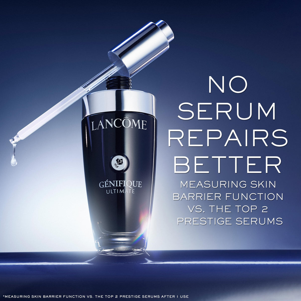 Lancôme serum droplet on pipette highlighting beta‑glucan and moisture delivery