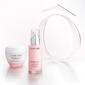 Lancôme Hydra Zen on bathroom shelf styled for morning routine and calming benefit