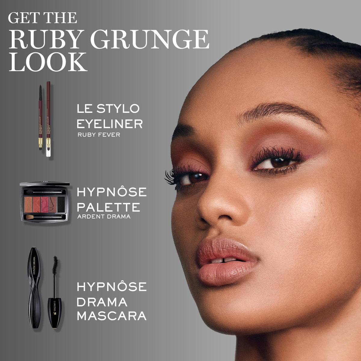 Lancôme model with evening makeup showcasing dramatic lash impact