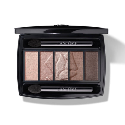 Lancôme Hypnôse front palette showing five coordinated taupe shades and compact case for travel